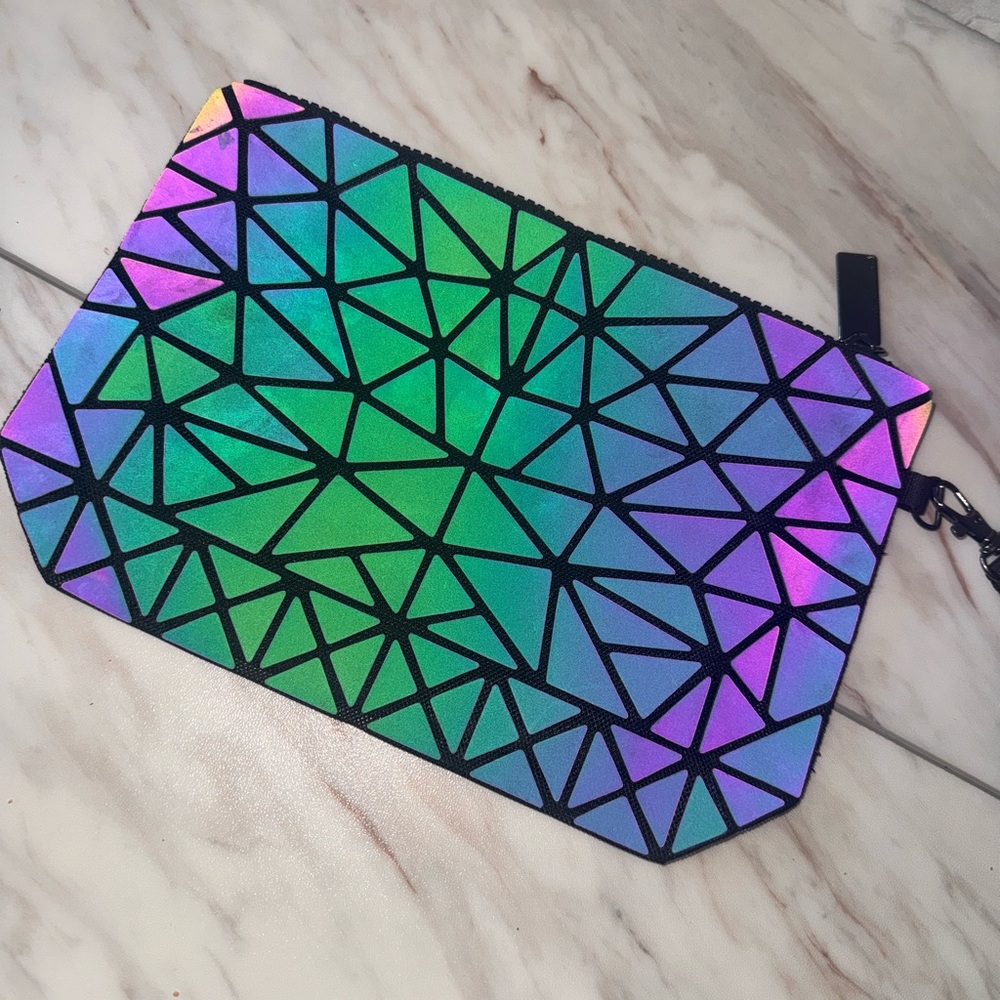 Geometric Iridescent Black Wristlet Clutch Lightweight Zip Pouch